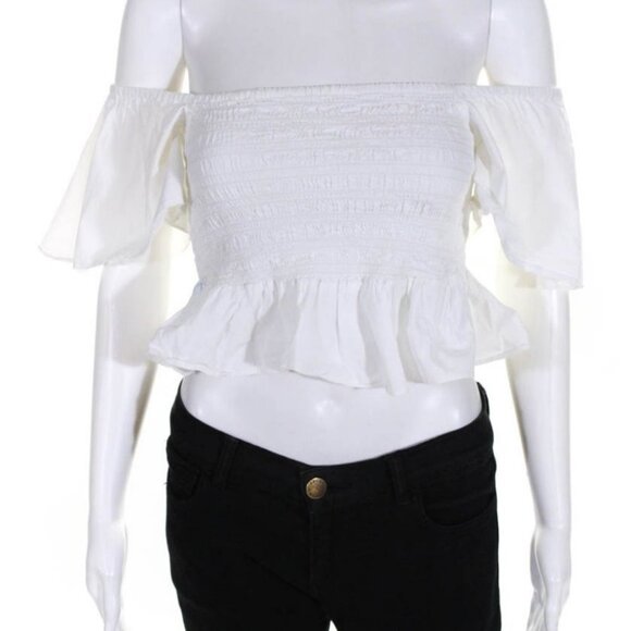 Natori Smocked Crop Top White Puff Sleeves Size Small Ribbed Josie Square Neck S - Picture 12 of 12
